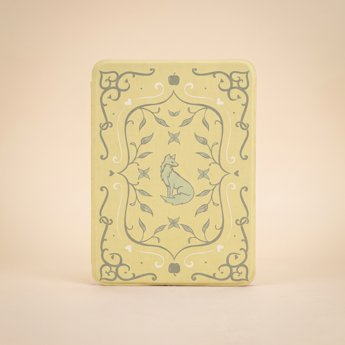 Foxglove King inspired Kindle case, yellow bookcloth with fox emblem
