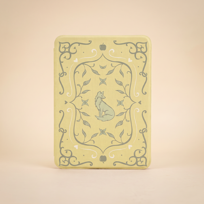 Foxglove King inspired Kindle case, yellow bookcloth with fox emblem