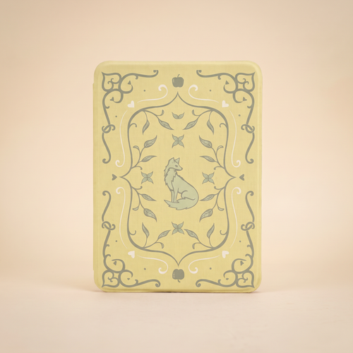 Foxglove King inspired Kindle case, yellow bookcloth with fox emblem