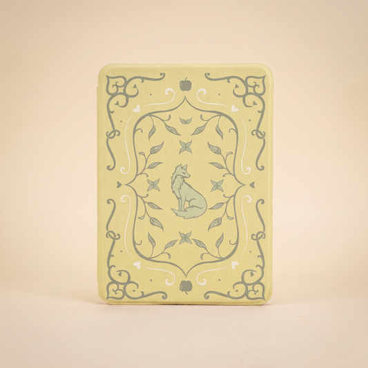 Foxglove King inspired Kindle case, yellow bookcloth with fox emblem